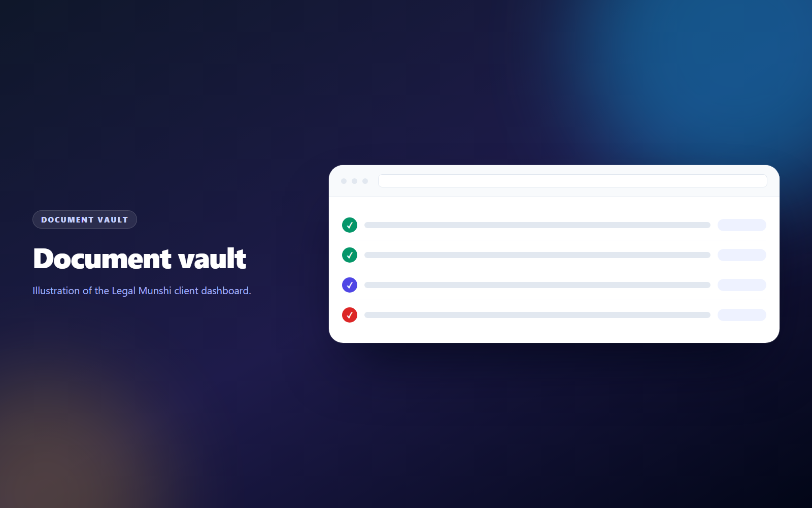 Illustration of the private document vault: a list of uploaded identity and address documents with verification badges.
