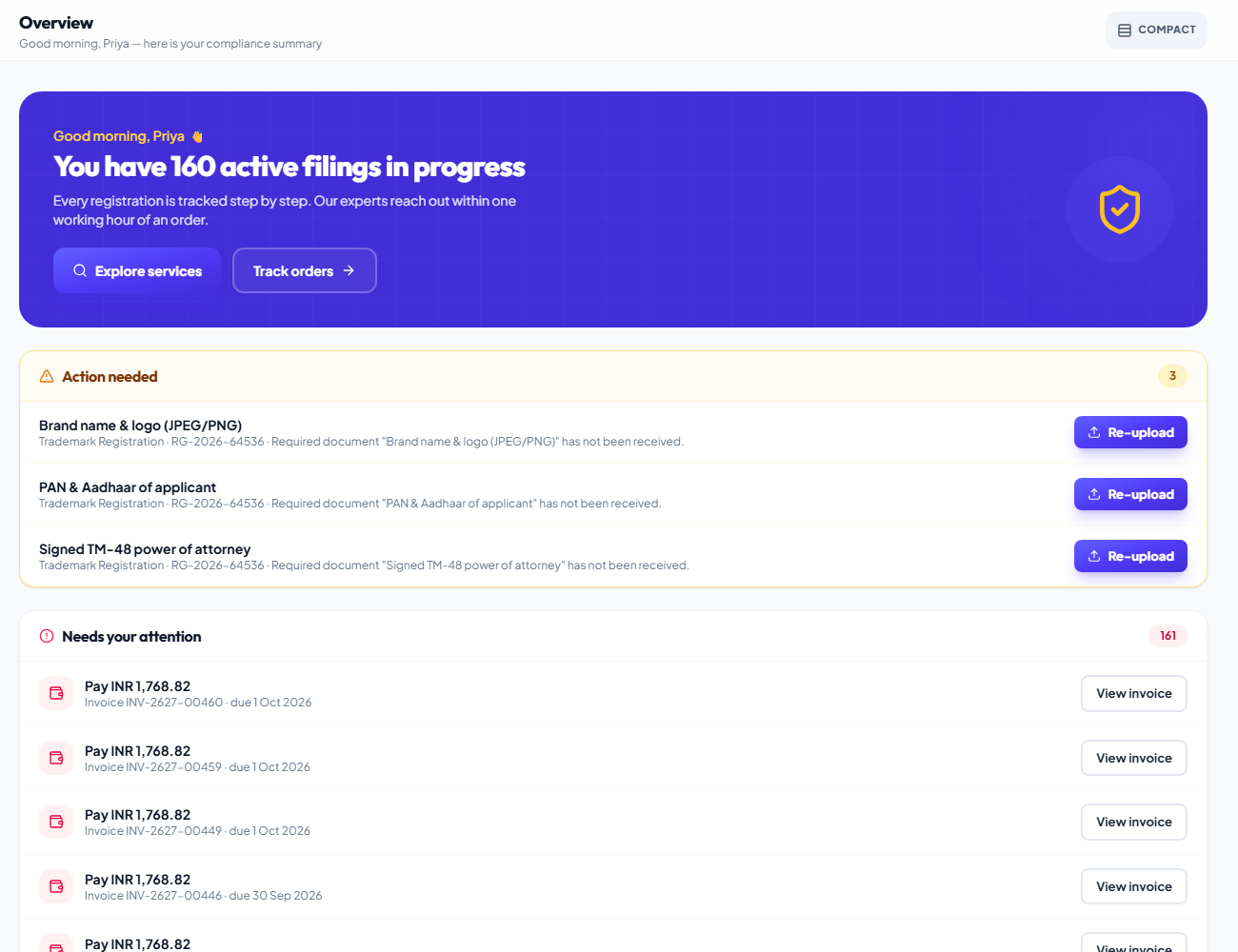 Screenshot of the Legal Munshi client dashboard showing a customer's active filings, upcoming compliance dates and outstanding documents.