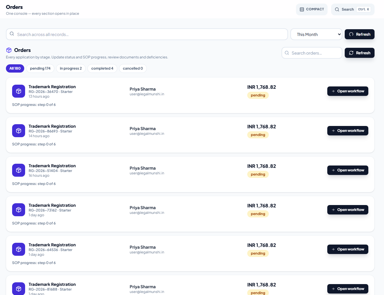 Screenshot of the internal order tracker showing client orders with their filing stage and current step.
