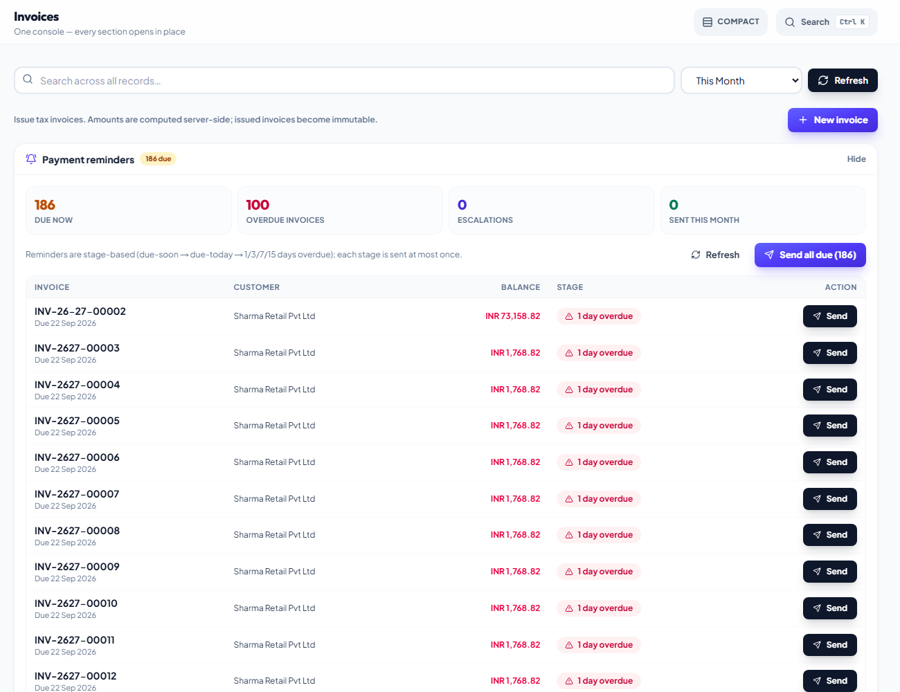 Screenshot of the invoices view listing client invoices with amounts, balances and reminder stages.
