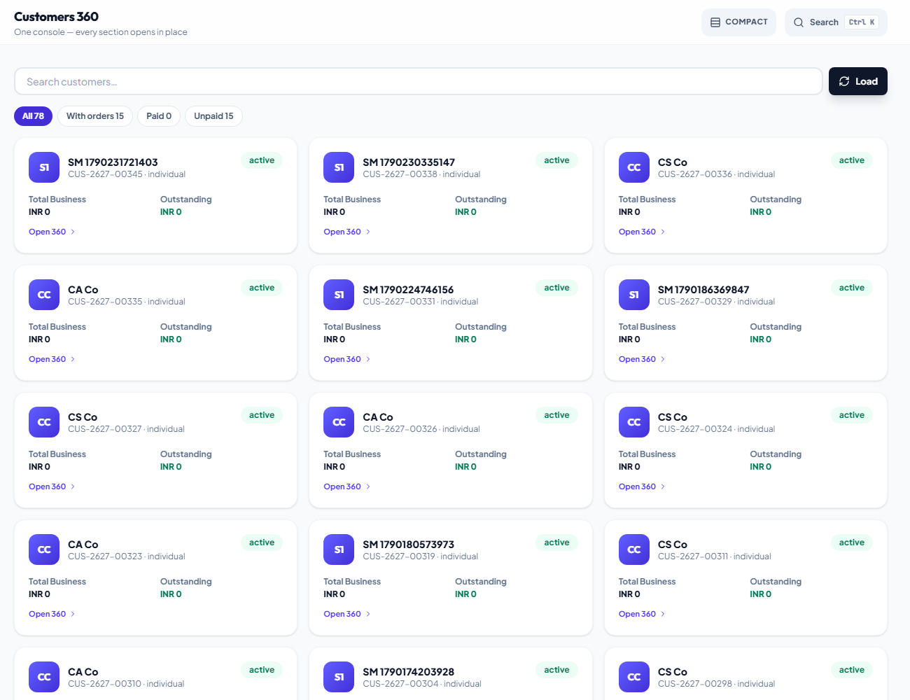 Screenshot of the customer records view listing client businesses with linked entities and outstanding balances.