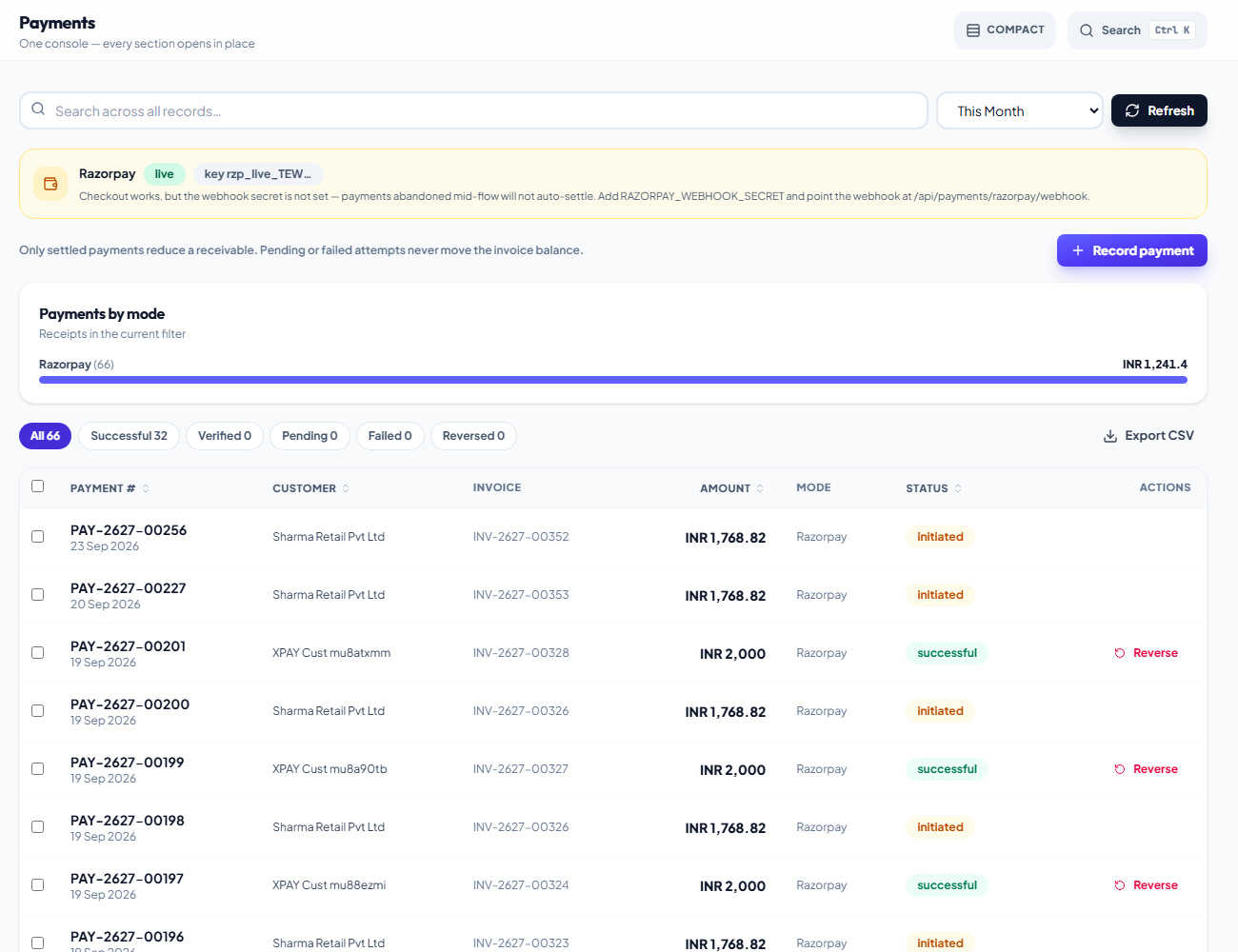 Screenshot of the payments view showing settled payments allocated against client invoices with dates and amounts.